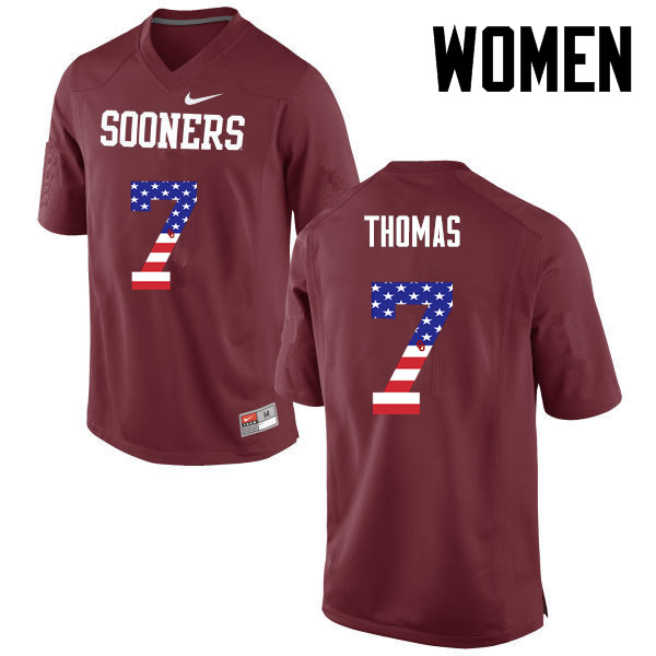 Women Oklahoma Sooners #7 Jordan Thomas College Football USA Flag Fashion Jerseys-Crimson - Click Image to Close
